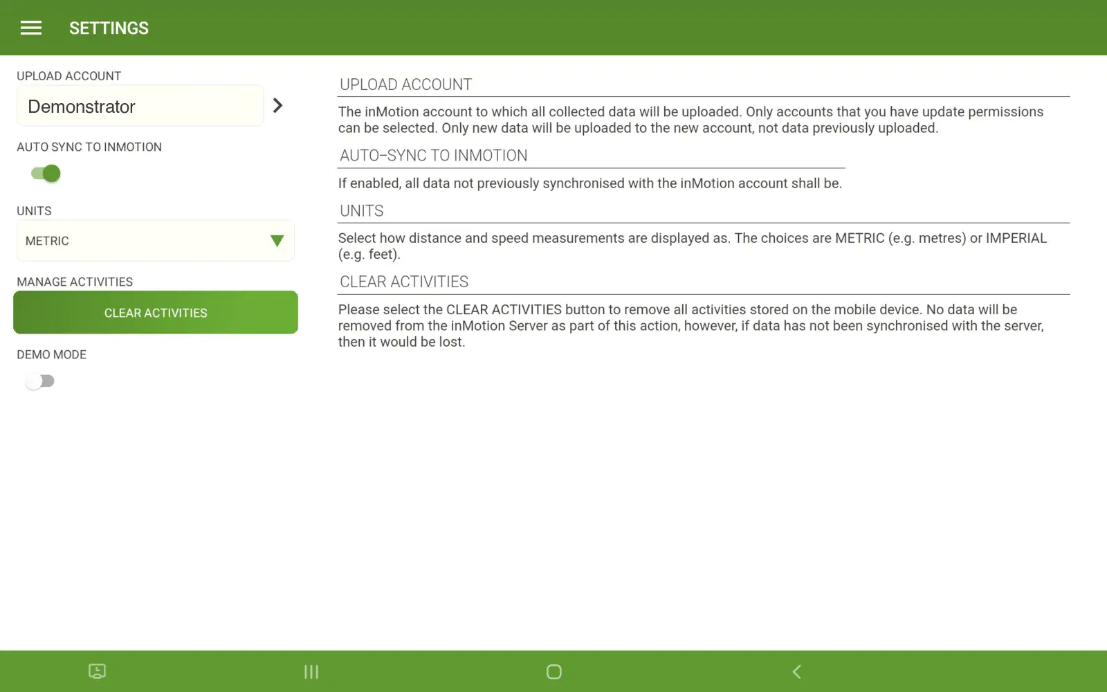 The Settings screen on an Android tablet, with explanatory text for each option