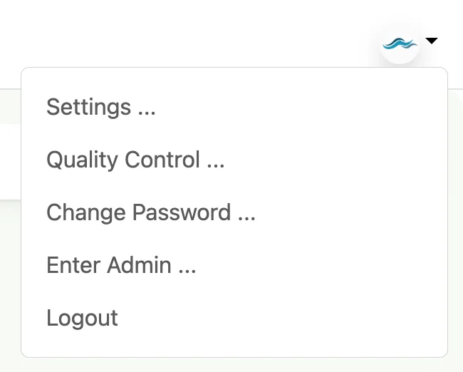 The user settings dropdown menu, showing Settings, Quality Control, Change Password, and Logout options