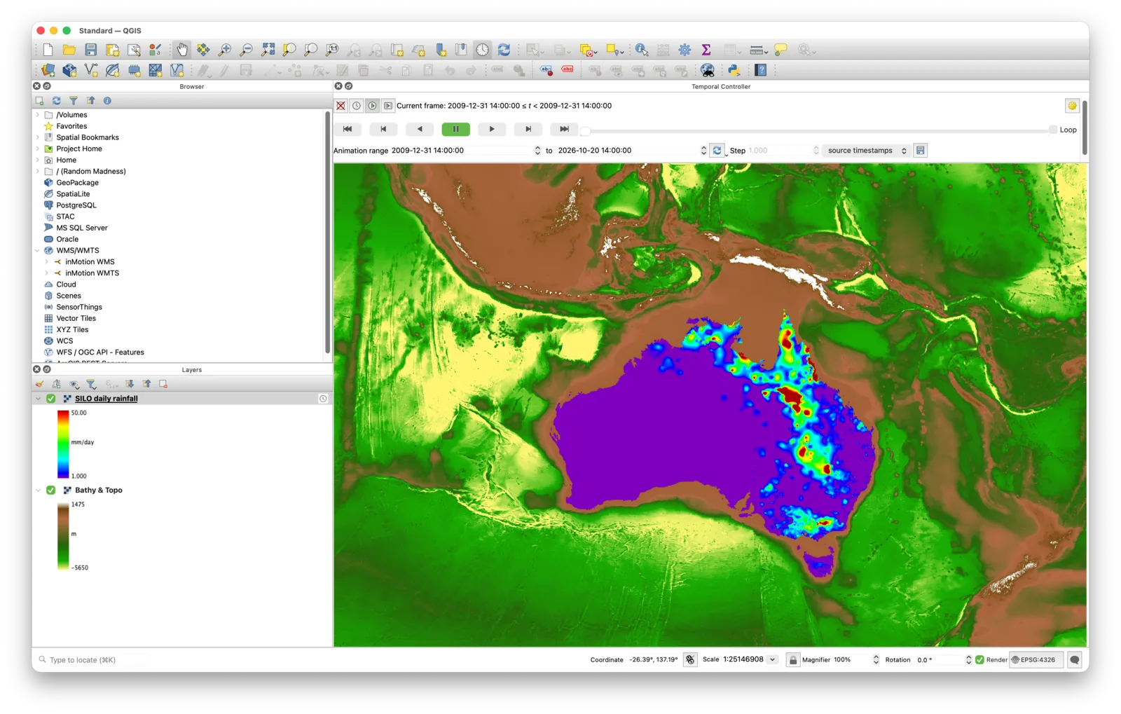 QGIS drawing a rainfall Data Product served by inMotion, animated through time