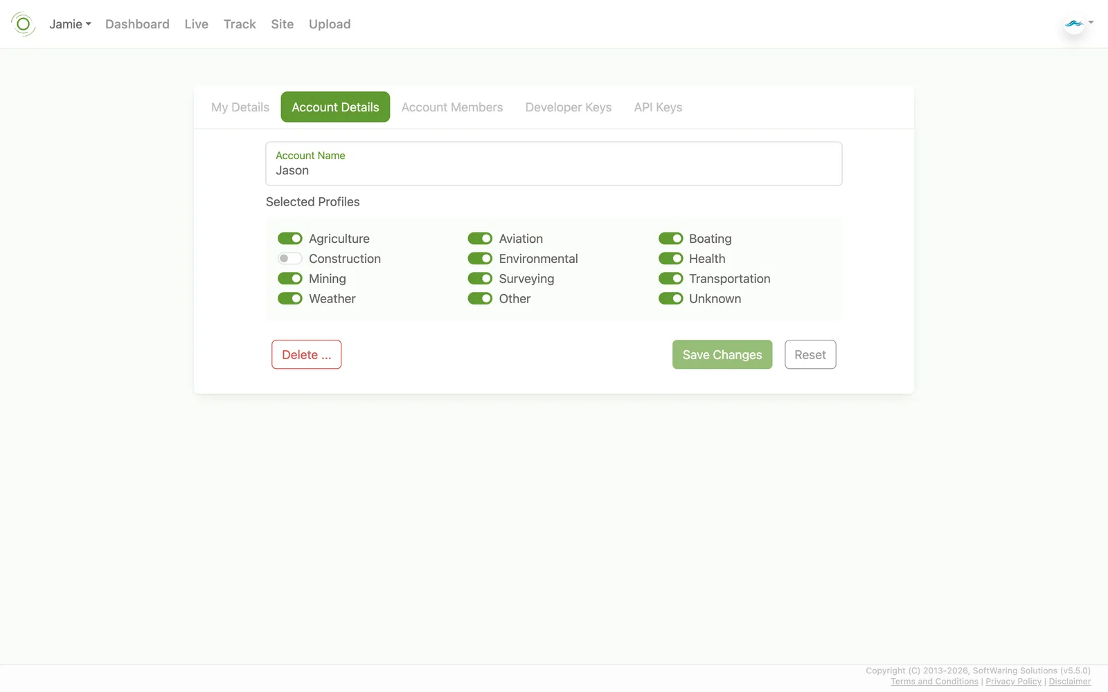 The Account Details settings tab